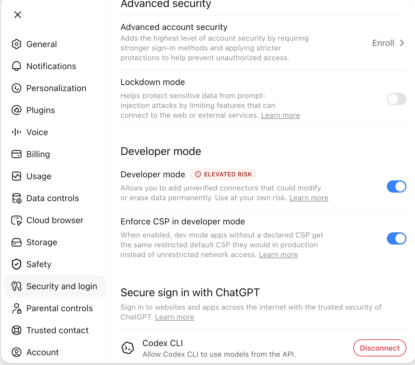 ChatGPT Security and login settings with Developer mode enabled