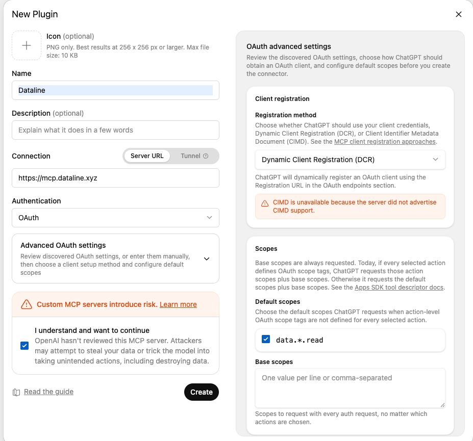 ChatGPT New Plugin form configured with the Dataline server URL, OAuth, Dynamic Client Registration, and the data read scope