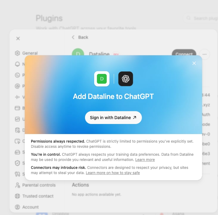 Dataline OAuth authorization dialog in ChatGPT