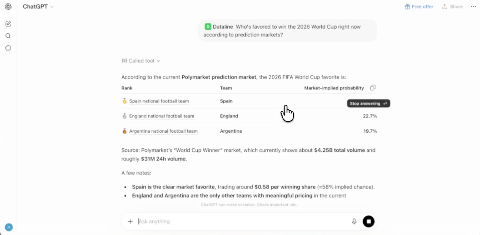 ChatGPT using Dataline to answer a prediction-market data question